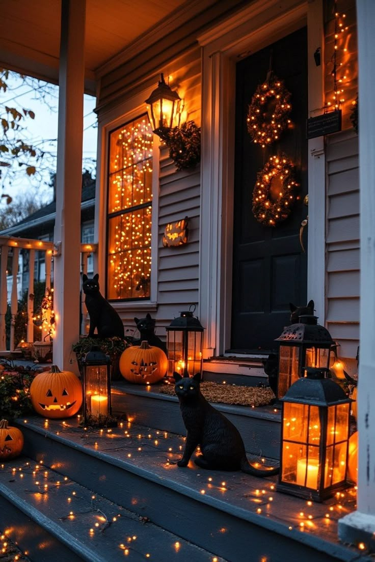 a front porch decorated for halloween with pumpkins, lanterns and cats on the steps