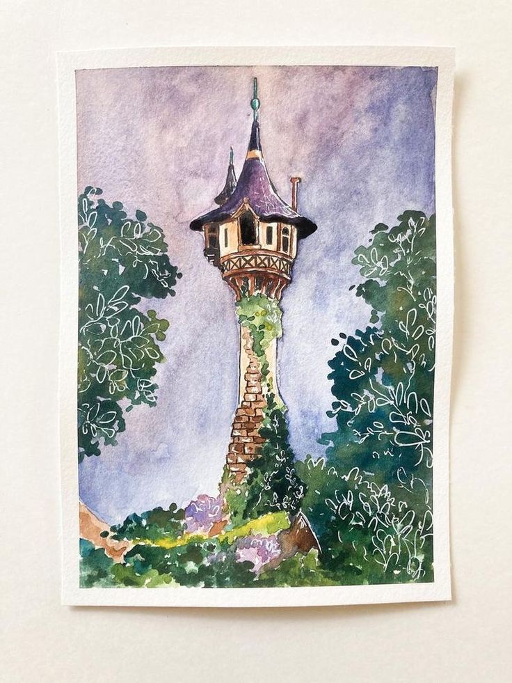 a watercolor painting of a tower in the woods