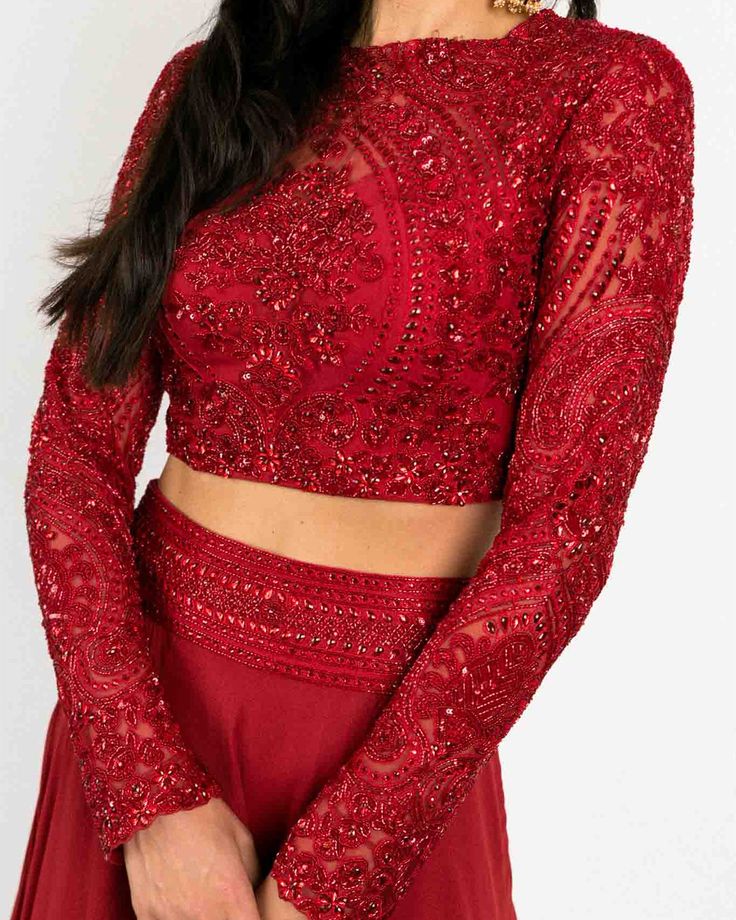 Red Lehenga Color Combos, Red Colour Blouse Designs, Send Off Dress, Beaded Lehenga, Dress Stitching Pattern, Modern Lehenga, Full Sleeves Blouse Designs, Lehenga Outfits, Indian Wedding Guest