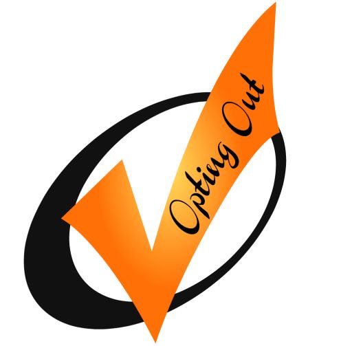 an orange arrow with the word out on it's side in front of a white background