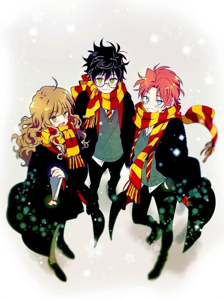 three anime characters standing in the snow