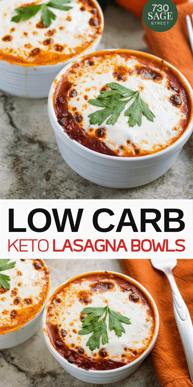 low carb keto lasagna bowls with text overlay