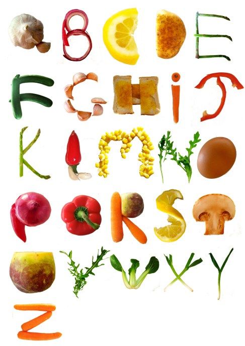 an alphabet made up of fruits and vegetables