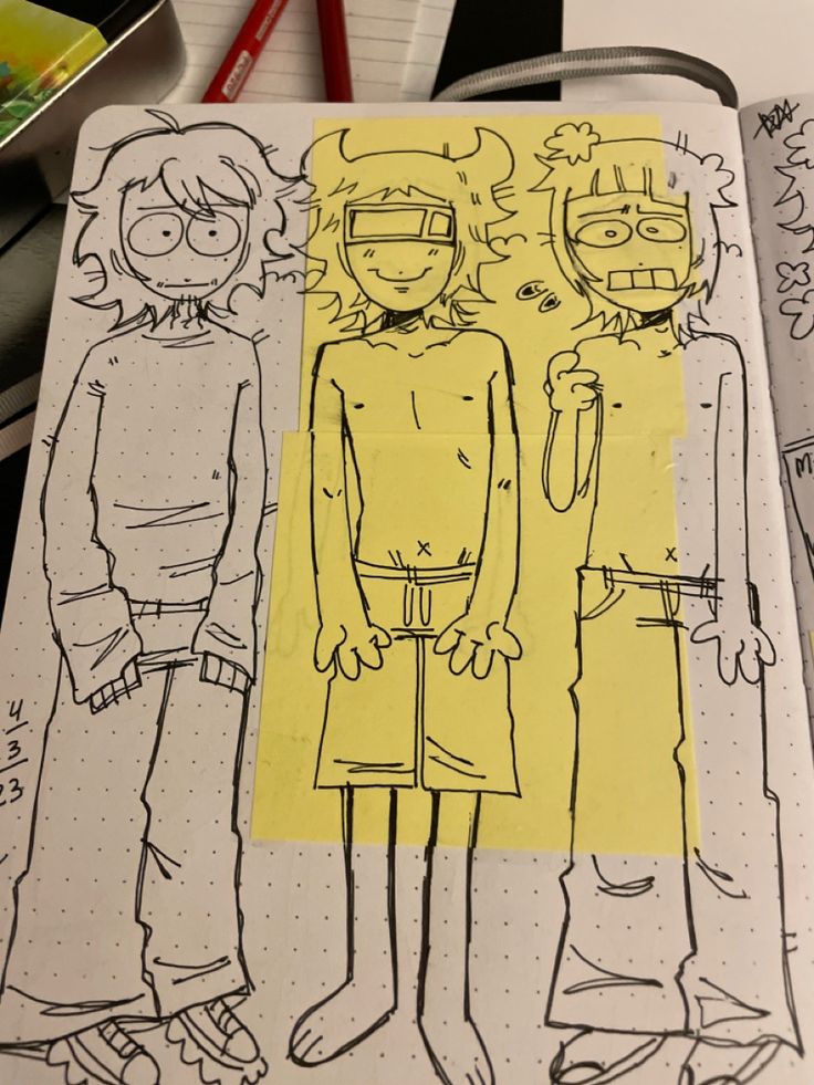 a drawing of two people standing next to each other in front of a yellow piece of paper