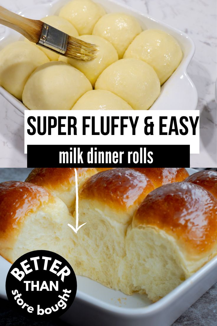 two pictures showing different types of rolls in a bowl and one with butter on top