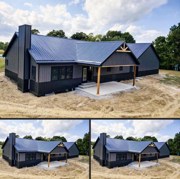 two pictures of a black barn with blue roof