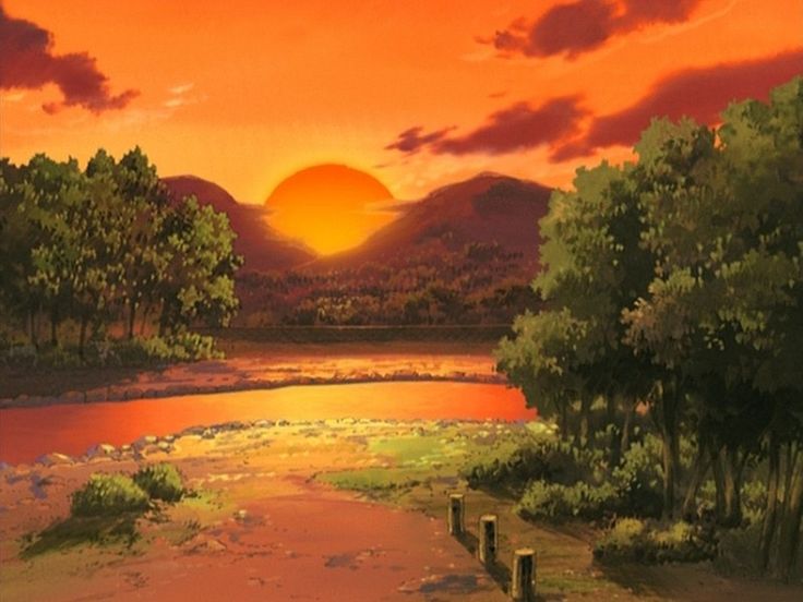 a painting of the sun setting over a lake