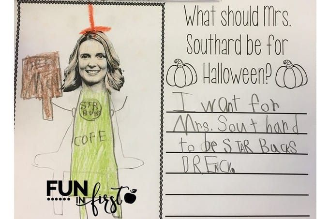 a child's drawing of a girl holding a piece of paper that says, what should mrs southern be for halloween?