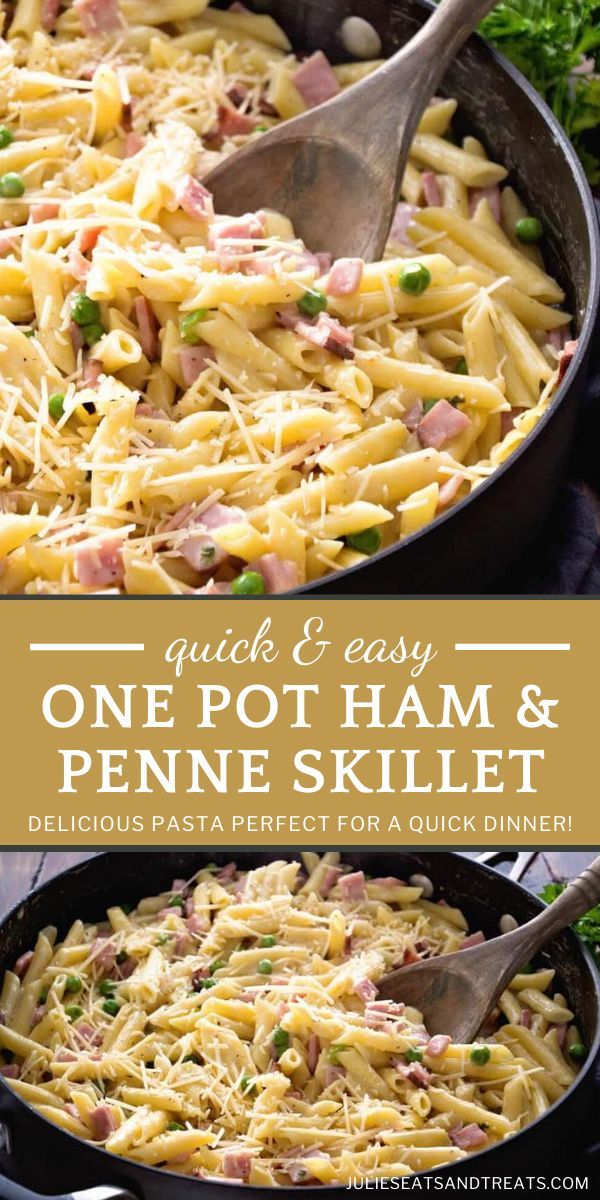 one pot ham and penne skillet is shown in two pans with the title