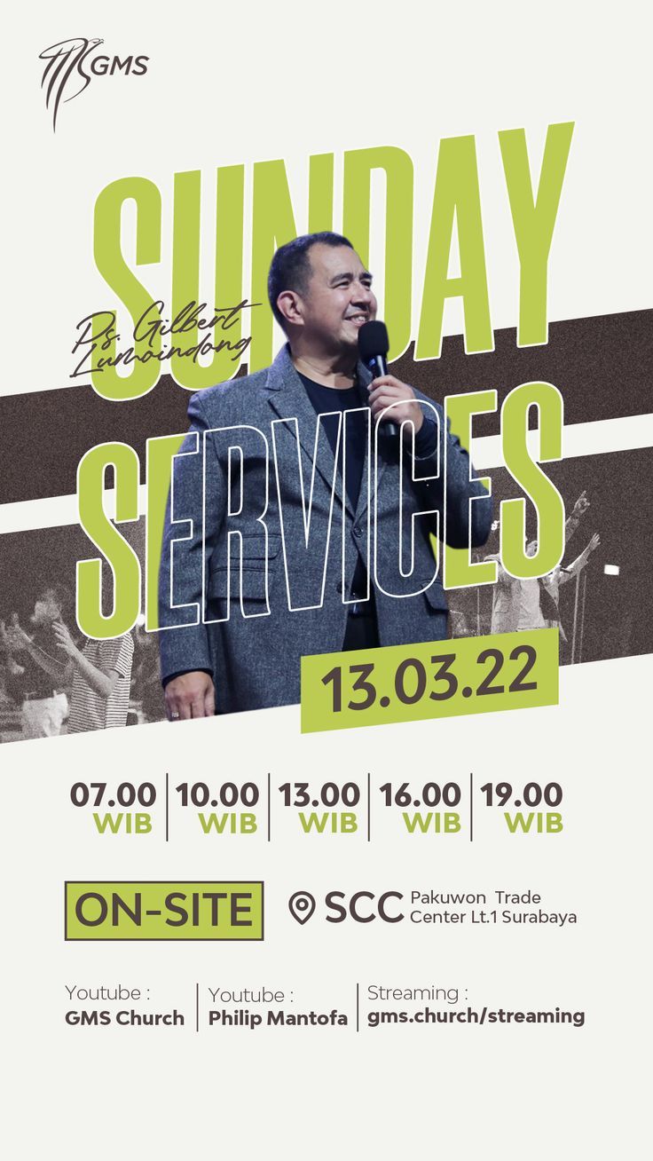 a poster for sunday services with a man holding a microphone