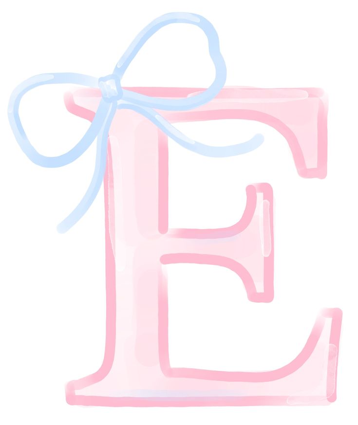 the letter e is painted pink and has a blue bow on it's tail