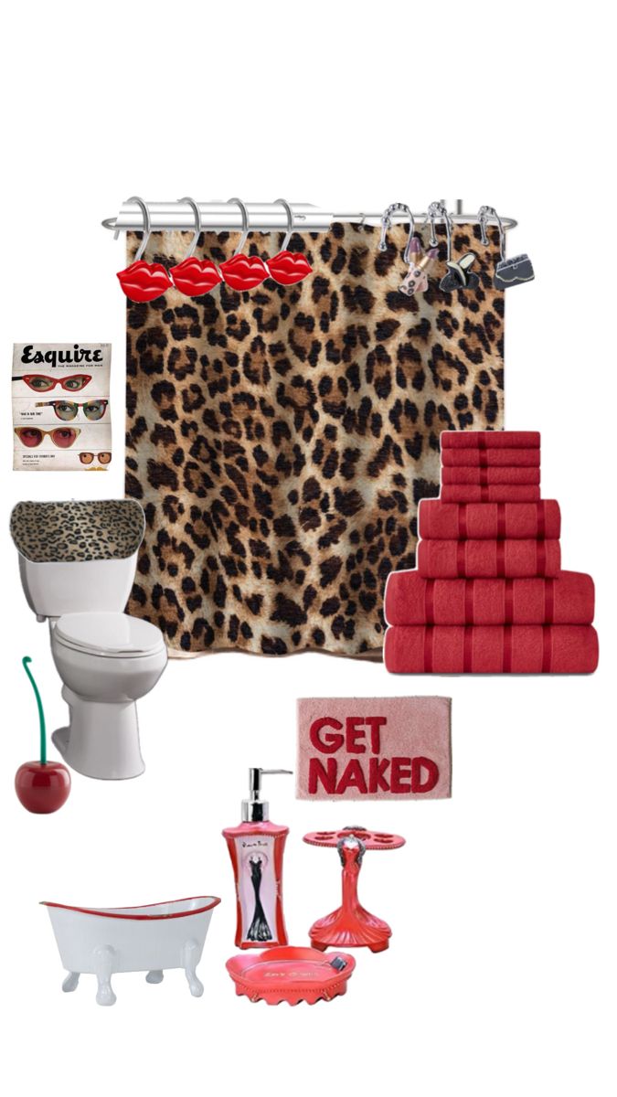 the bathroom is decorated in leopard print and red accessories, including a bathtub, toilet, sink, shower curtain, towel rack, and other items