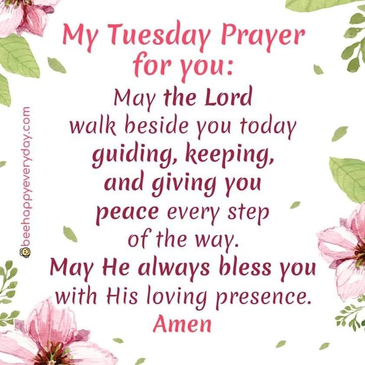 a poem with pink flowers and green leaves on the bottom, says, my tuesday prayer for you may the lord walk beside you today guiding