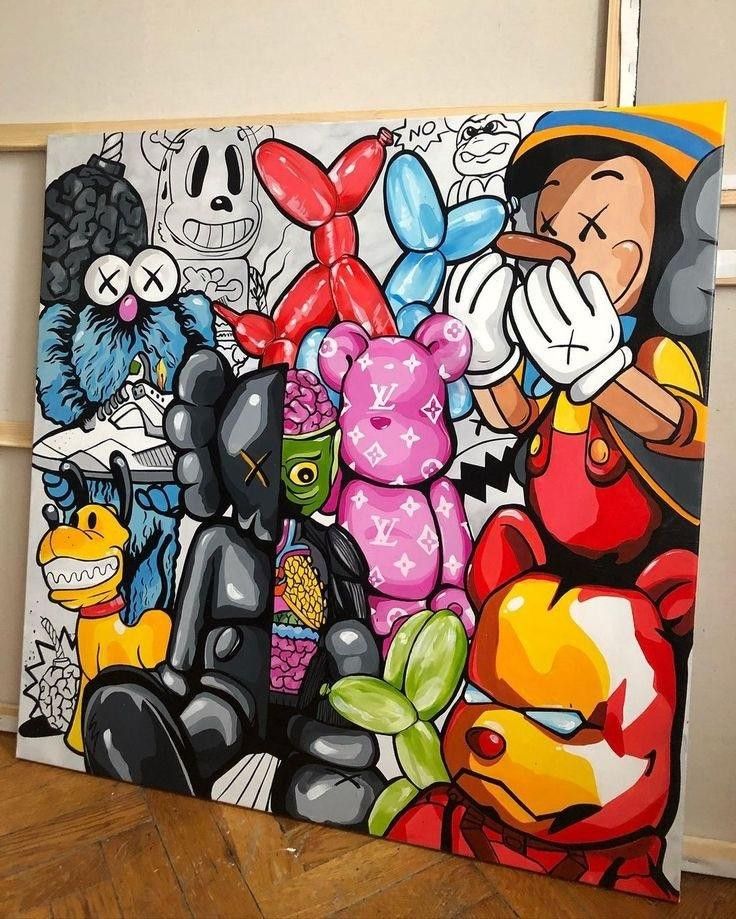 a painting on the wall with many cartoon characters painted on it's sides,