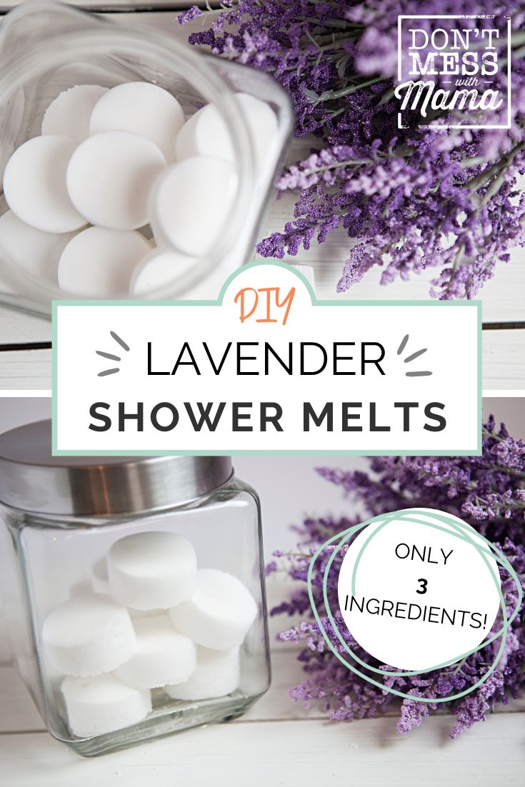 lavender shower melts in a glass jar next to purple flowers and the words diy lavender shower melts