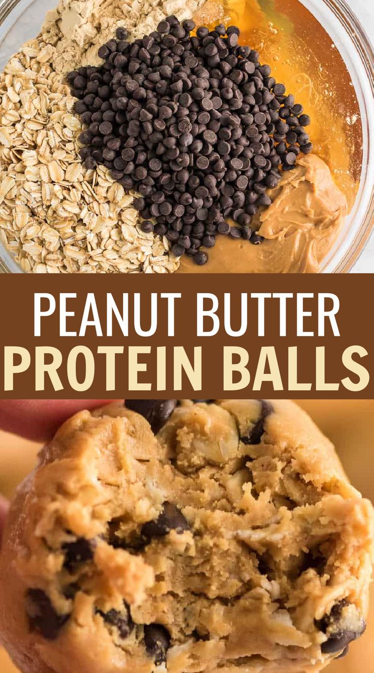 the best energy oatmeal balls in a glass bowl with chocolate chips and peanut butter