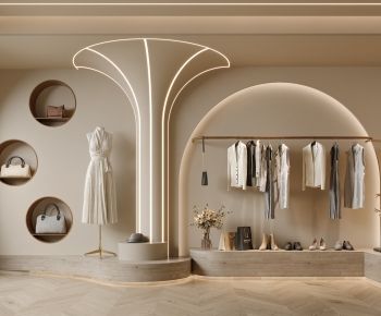 a clothing store with an arched wall and shelves