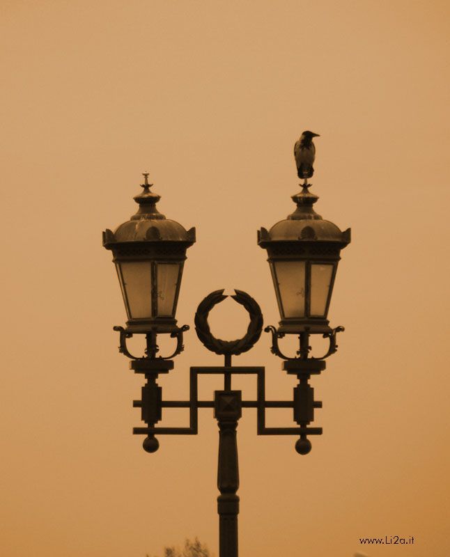 an old fashioned street light with two birds on top