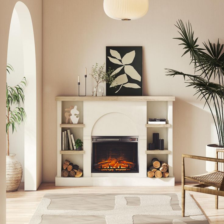 a living room with a fire place and potted plants on the wall next to it