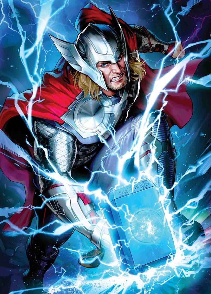 the avengers is coming out of his thor costume and lightnings up behind him, as he