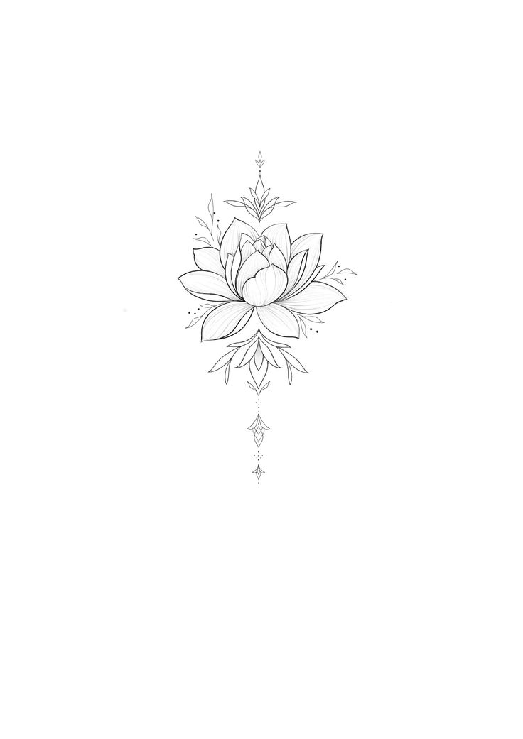 a black and white drawing of a lotus flower on a white background with an arrow in the center