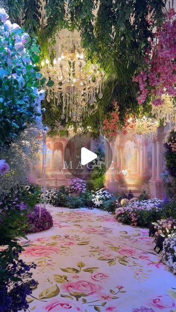 a garden with flowers and chandeliers hanging from the ceiling