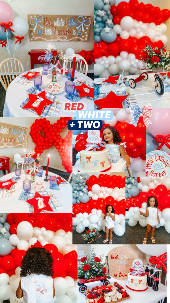 a collage of photos with balloons, cake and decorations for a children's birthday party