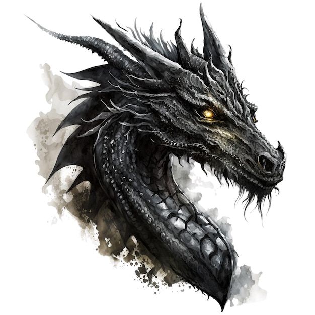 a drawing of a black dragon with yellow eyes