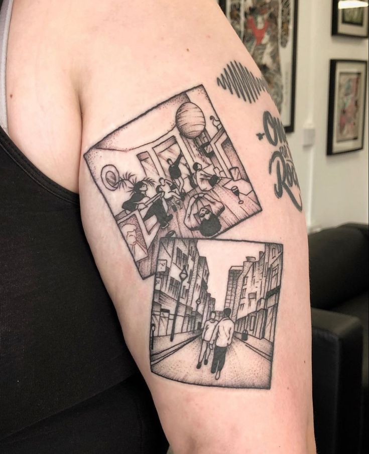 a woman with a tattoo on her arm has an image of a man walking down the street