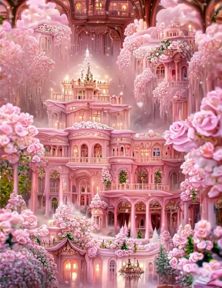 a pink castle with lots of flowers and trees in the foreground, surrounded by roses