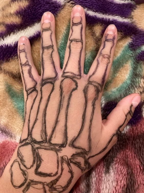 a person's hand that has been drawn with black ink and is on top of a colorful blanket