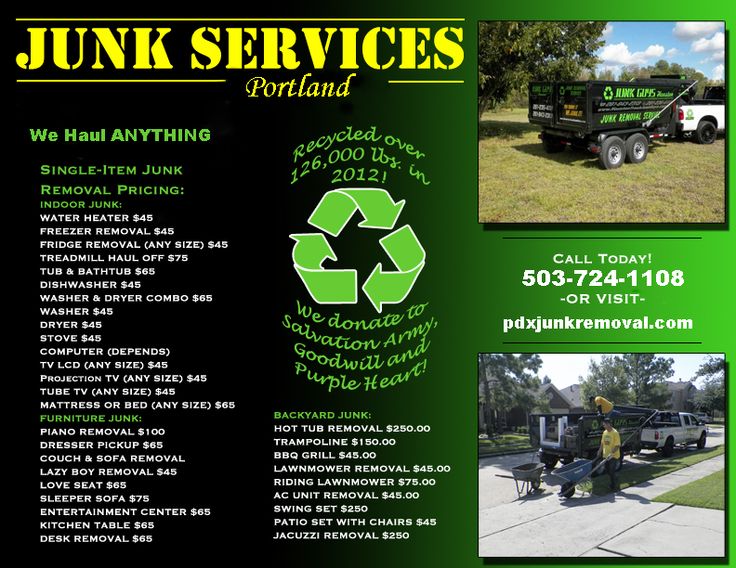 a brochure for junk services in portland, or with images of trucks and trash cans