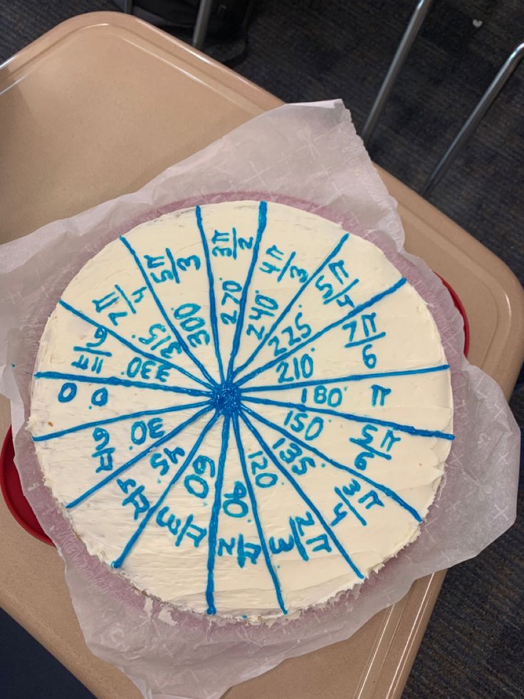 a cake sitting on top of a plastic container covered in frosting and blue writing