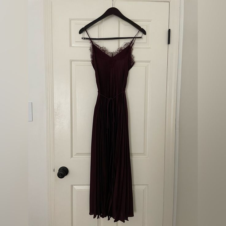 Literally Never Worn Vince Camuto Dress. Dark Maroon Color With Pleats All The Way Down And Beautiful Lace Decolatage Detailing. The Perfect Wedding Guest Dress. Purple Velvet Maxi, Plum Lace Bridesmaid Dresses, Maroon Lace Maxi Dress, Maroon And Black Lace Dress, Eggplant Dress Casual, Luxury Lavender Sharara For Eid, Dark Wine Wedding Dress, Dark Purple Dress Medium, Dark Purple Lace Dress Long