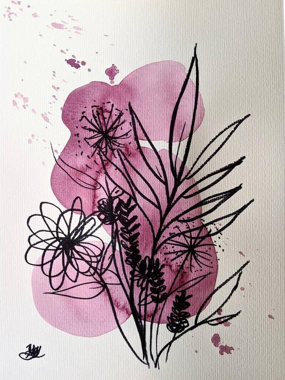 a painting of flowers and leaves on a white background with pink watercolor splashes