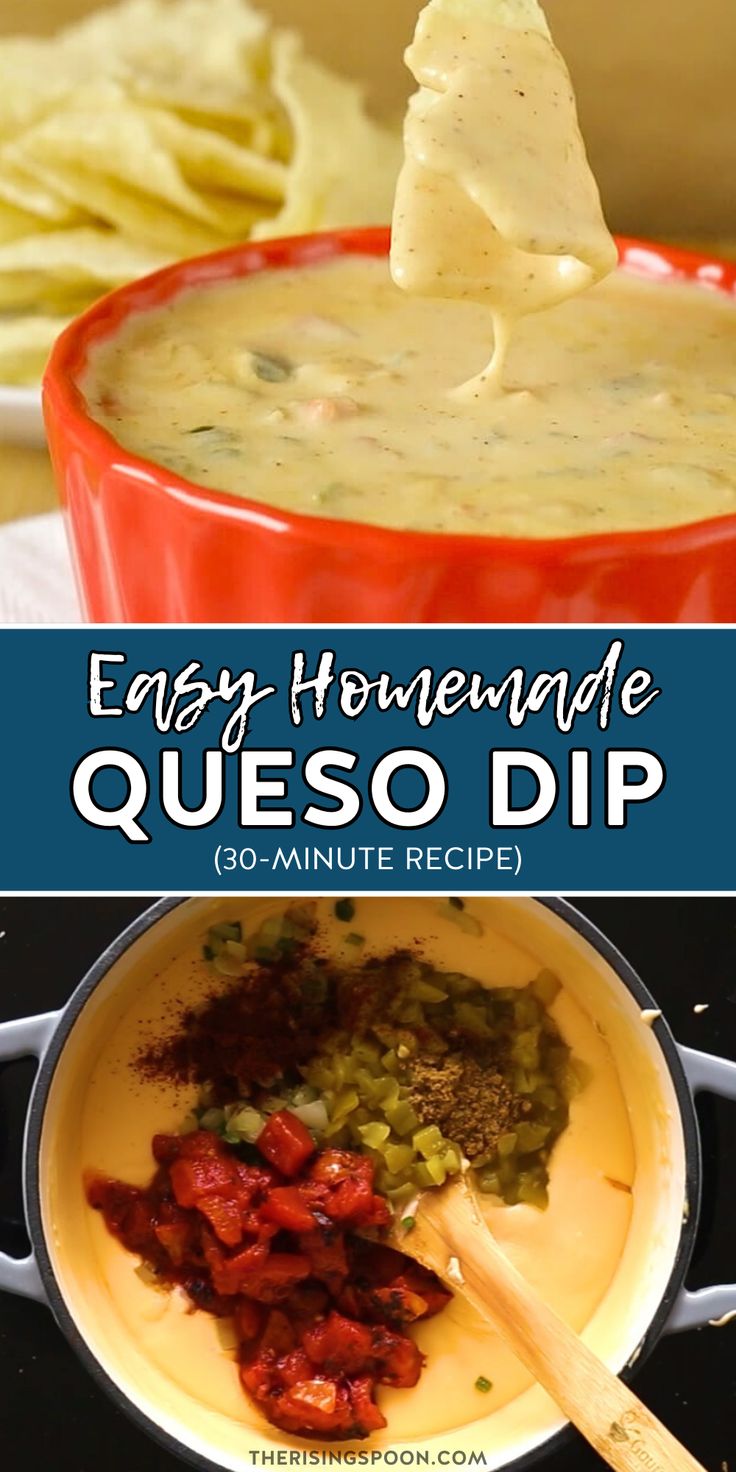 easy homemade queso dip recipe in a red bowl