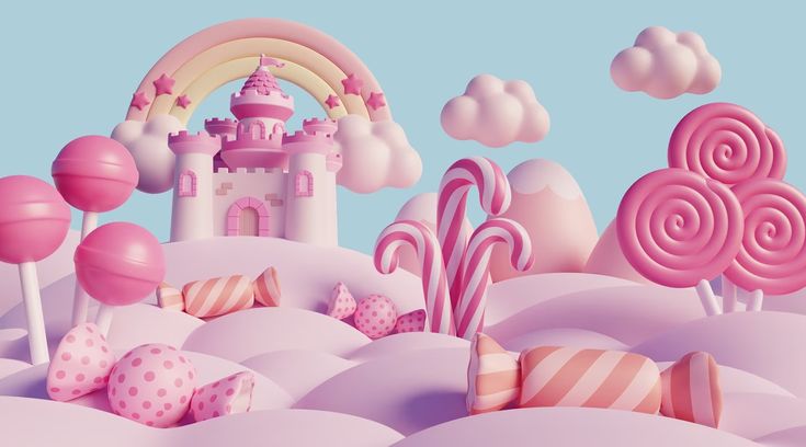 an illustration of a pink castle surrounded by candy land and lollipops in the foreground