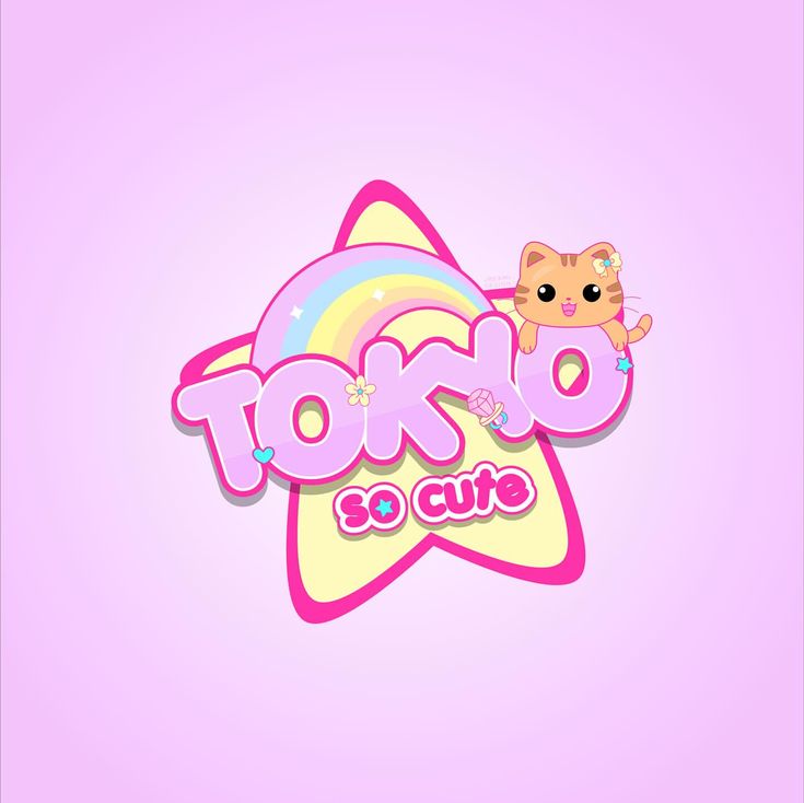 the logo for tokyo so cute with a cat sitting on it's head and rainbows in the background