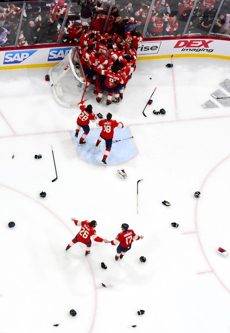 the hockey players are celebrating on the ice