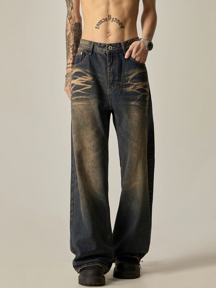 Elevate your denim game with these Distressed Wide-Leg Vintage Wash Jeans. The distressed detailing and vintage wash give these jeans a unique and retro vibe. The wide-leg cut adds a touch of chicness and comfort. Perfect for an effortlessly stylish look, these jeans will quickly become your go-to choice. ■size(cm) Length Waist Hips Hem S 104 72 102 53 M 105 76 106 54 L 106 80 110 56 XL 107 84 114 57 2XL 108 88 118 59 ■model 174cm 61kg M ■material cotton 75.9% regenerated cellulose 16.9% polyest Vintage Baggy Denim Pants, Vintage Baggy Cargo Jeans In Medium Wash, Vintage Baggy Faded Bottoms, Retro Baggy Washed Bottoms, Vintage Baggy Straight Leg Jeans, Vintage High-rise Baggy Flare Jeans, Vintage Acid Wash Baggy Bottoms, Baggy High Rise Vintage Flare Jeans, Vintage High Rise Baggy Flare Jeans