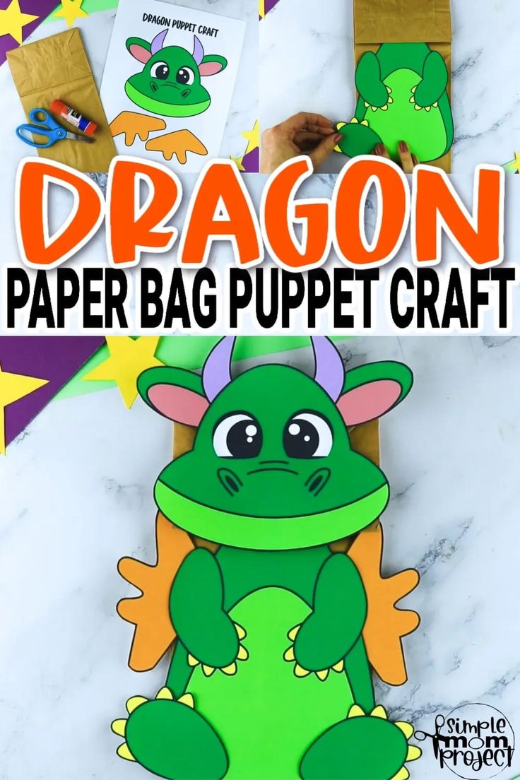 dragon paper bag puppet craft for kids with the title overlay that reads dragon paper bag puppet craft