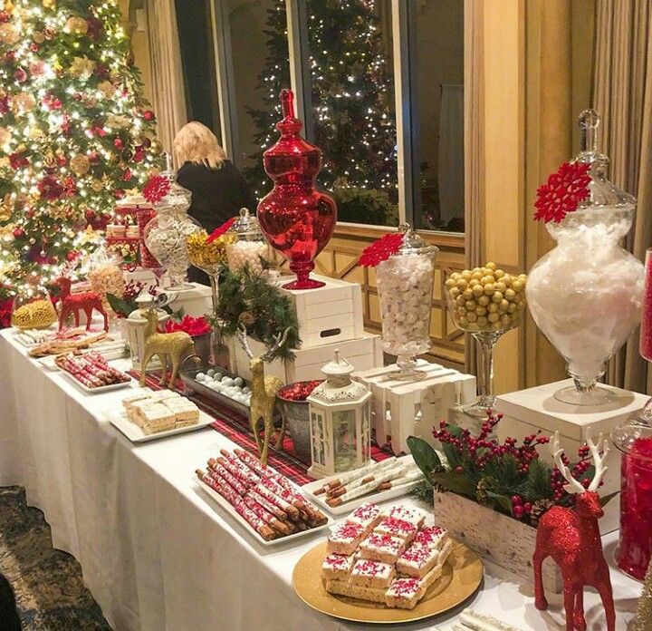 a table covered with lots of candy and candies in front of a christmas tree