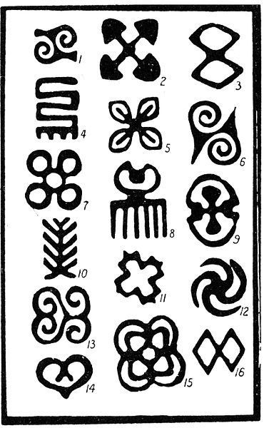 an old black and white drawing of various symbols in different shapes, sizes and colors