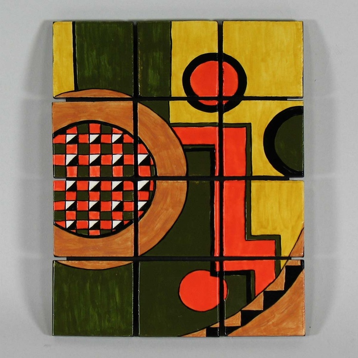 an abstract painting on wood with squares and circles