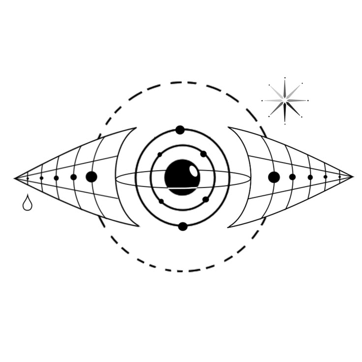 an eyeball is shown in black and white, with dots on the outside of it