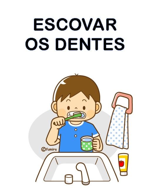 a boy brushing his teeth while sitting in front of a sink with the caption escovar os dentes