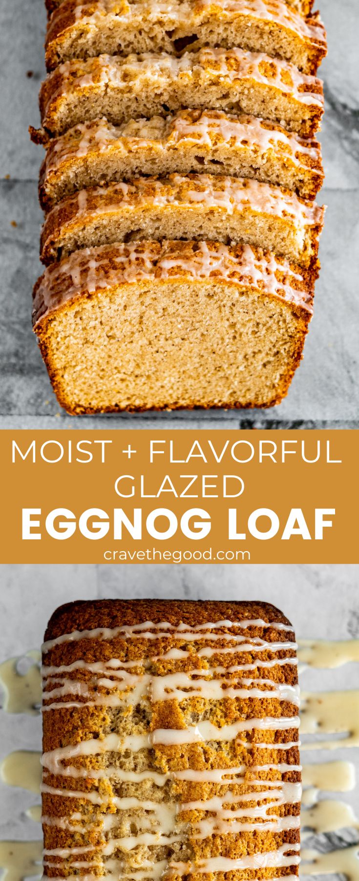 an eggnog loaf with frosting on top and the words moist + flavorful glazed loaf above it