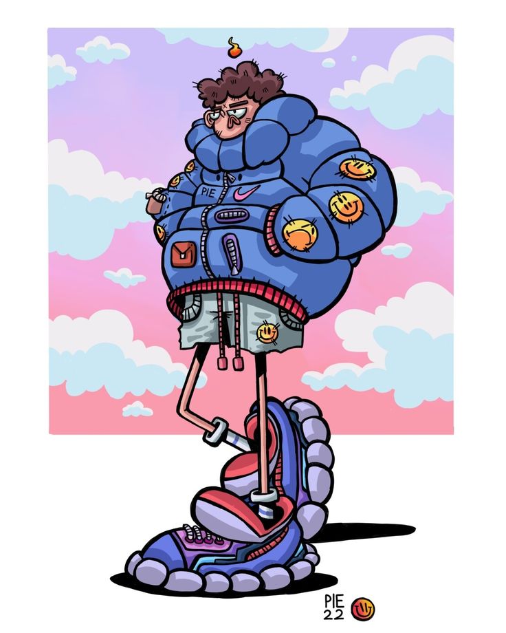 an image of a cartoon character on top of a giant object with clouds in the background