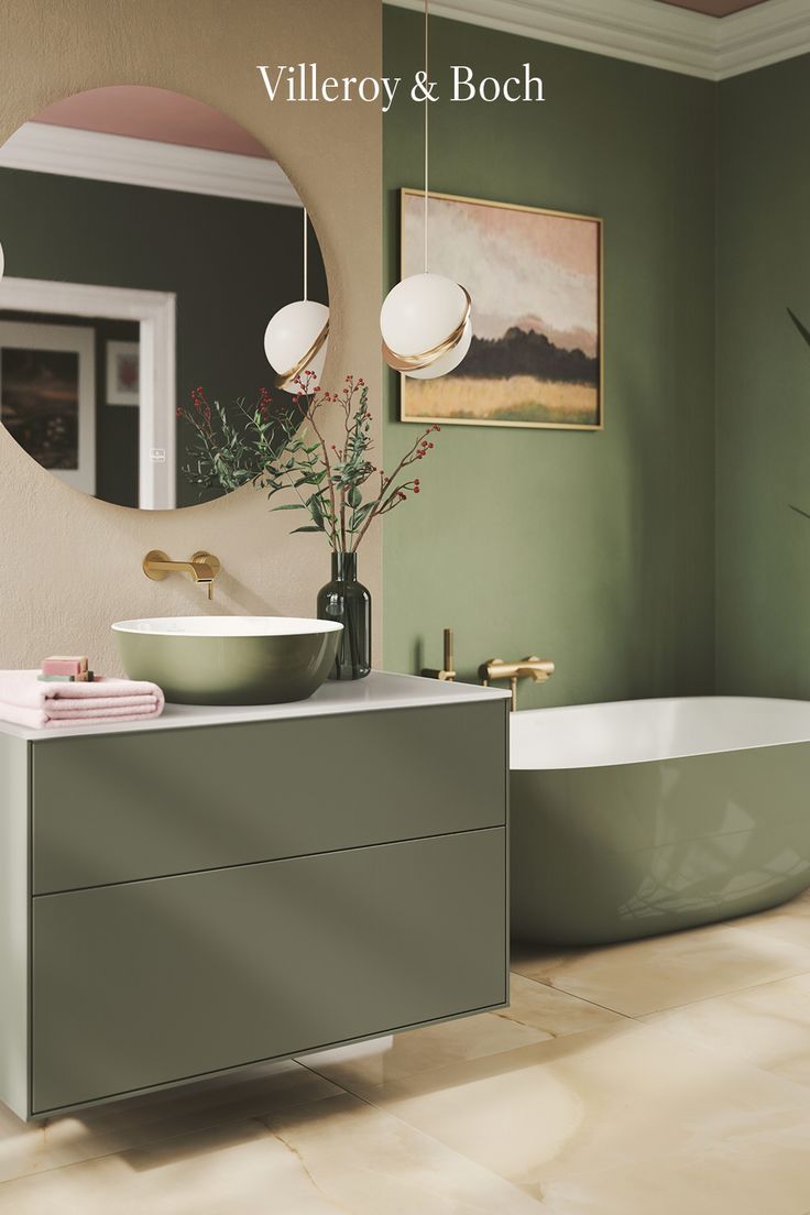 a bathroom with a sink, mirror and bathtub in the middle of the room