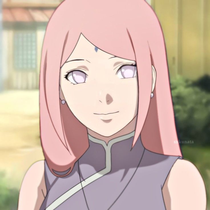 an anime character with pink hair and blue eyes looking at the camera while standing in front of a house